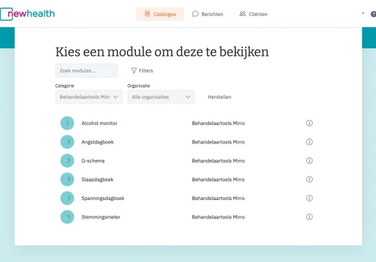 Screenshot van de Catalogus binnen het NewHealth-platform. Je ziet 6 behandelaartools van Mirro.