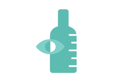 Illustratie van een drankfles. Er staan streepjes op en er staat een oog bij. Alcohol monitor tool.