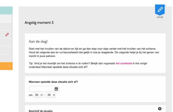 Screenshot van de tool Angstdagboek van NewHealth. Hier vult de cliënt informatie in.