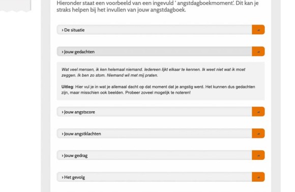 Screenshot uit de tool Angstdagboek van NewHealth. Dit is een ingevuld voorbeeld van het dagboek.