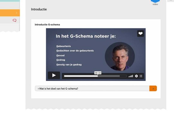 Screenshot van de tool G-schema van NewHealth. Psycholoog Frank Koster geeft uitleg op video.