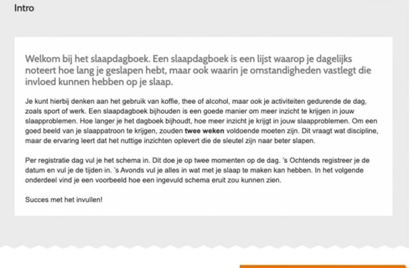 Screenshot van het Slaapdagboek van NewHealth. Het is een introductie tekst met uitleg over de tool.