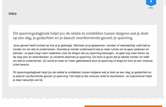 Screenshot van het Spanningsdagboek van NewHealth. Er staat een korte uitleg over hoe de tool werkt.